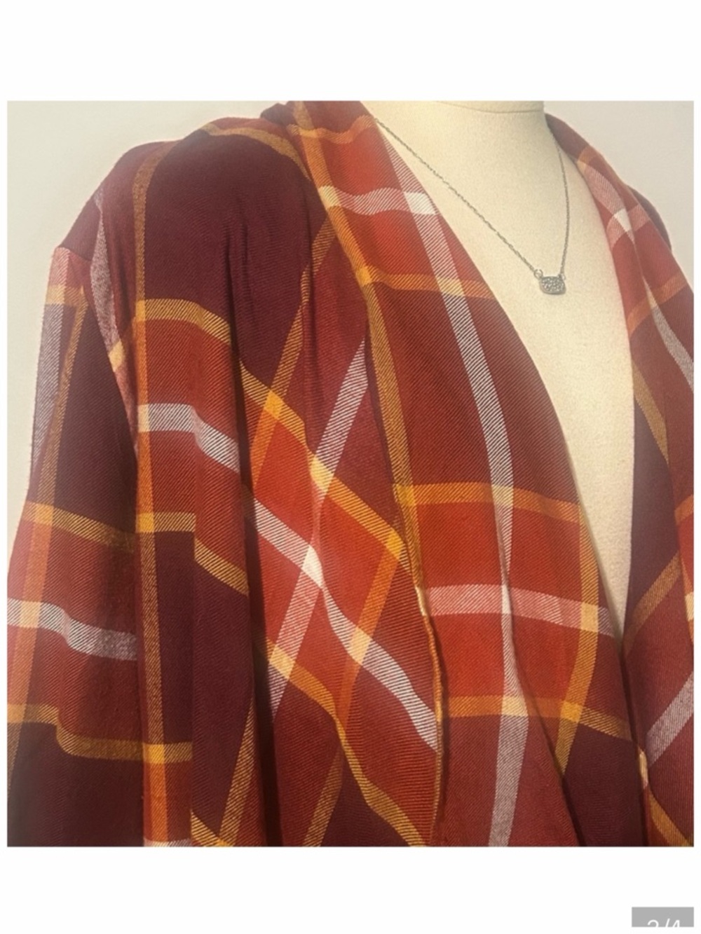 Maurices Plaid Open-Front Fringe Cardigan - Rust Plaid - Picture 4 of 5